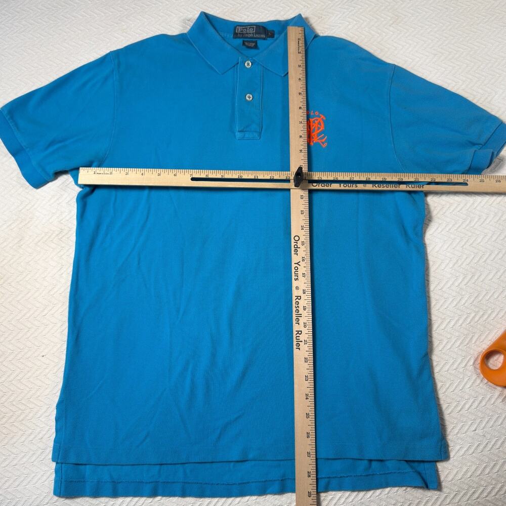Polo Ralph Lauren Mens L Blue Pique Polo Shirt Orange Scribble Monogram Logo